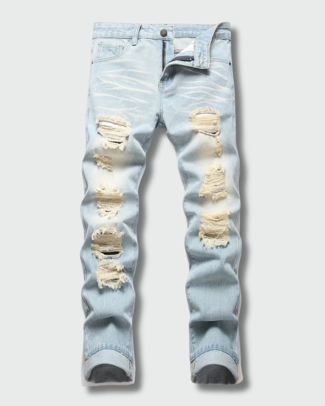 Vintage-Sealed The Hottest Rawest Sneakers & Apparel Clothing Store Around Online. Men’s Ripped Slim Fit Jeans – Frayed Bleach Wash Denim Pants [BLUE] US Size [28-38].