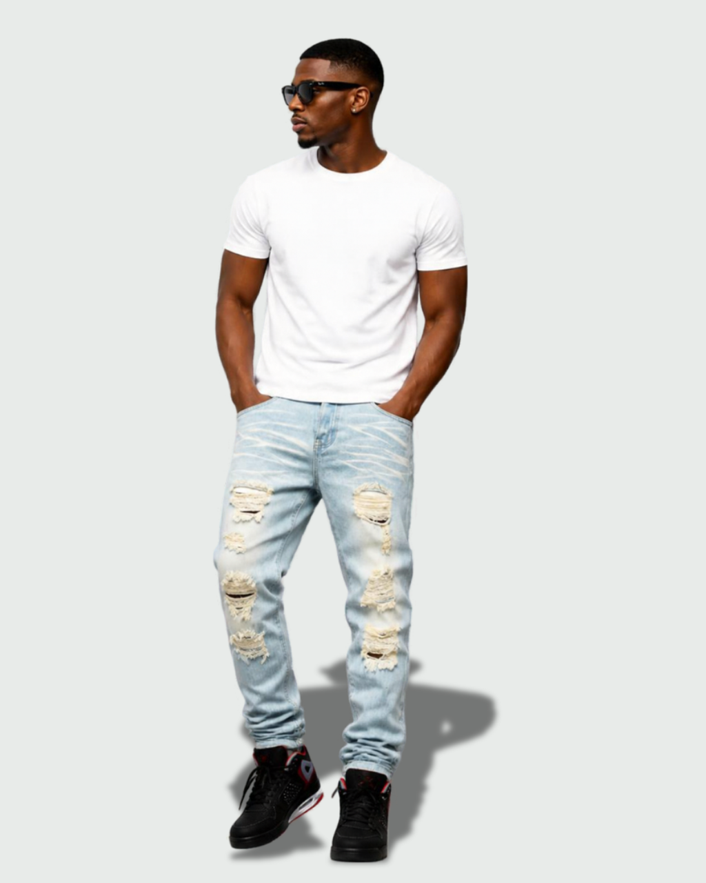 Vintage-Sealed The Hottest Rawest Sneakers & Apparel Clothing Store Around Online. Men’s Ripped Slim Fit Jeans – Frayed Bleach Wash Denim Pants [BLUE] US Size [28-38].