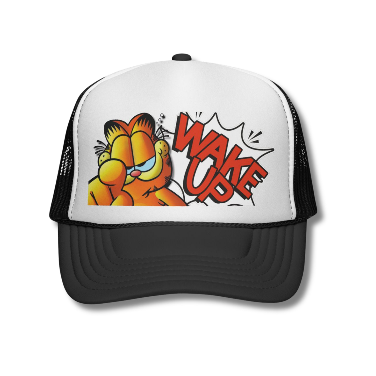 Vintage-Sealed The Hottest Rawest Sneakers & Apparel Clothing Store Around Online. Garfield "Wake Up!" Snapback Trucker Hat | Vintage-Sealed Retro Cartoon Headwear [Black] 
US Sizes [Adjustable].