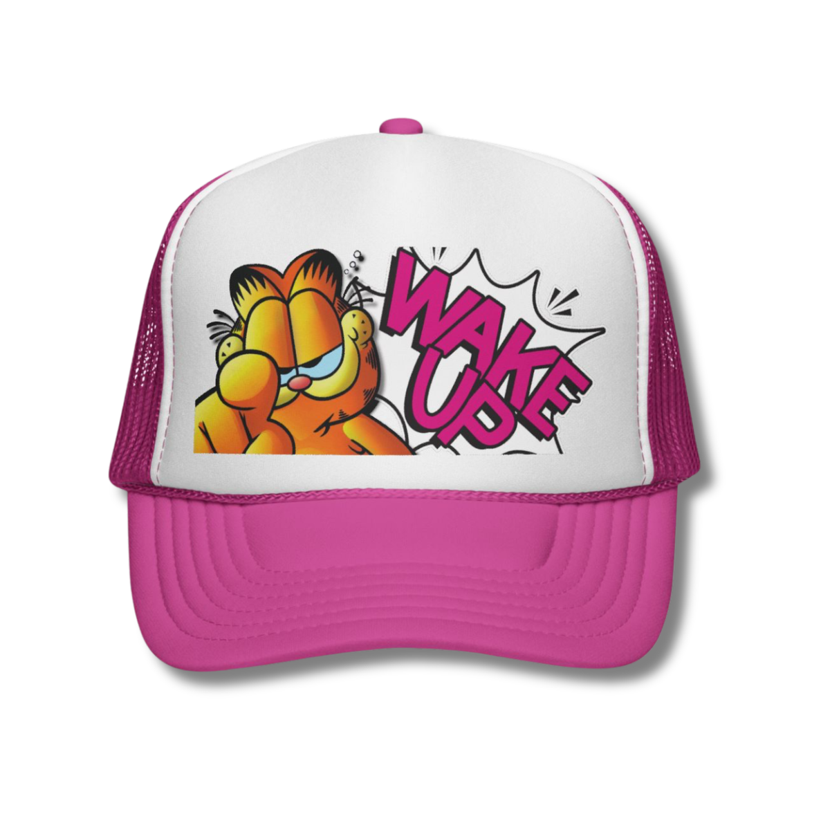 Vintage-Sealed The Hottest Rawest Sneakers & Apparel Clothing Store Around Online. Garfield "Wake Up!" Snapback Trucker Hat | Vintage-Sealed Retro Cartoon Headwear [Pink] 
US Sizes [Adjustable].