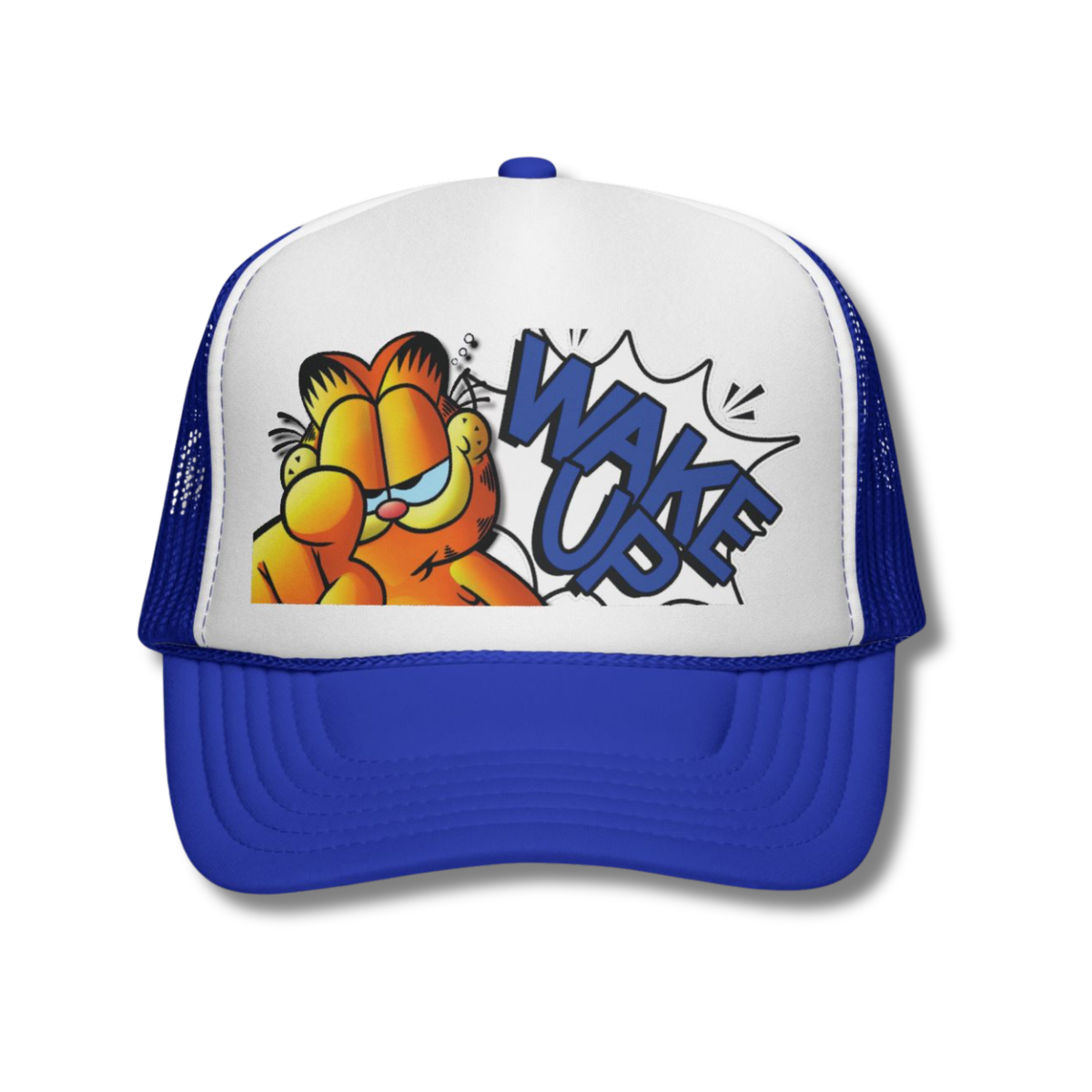 Vintage-Sealed The Hottest Rawest Sneakers & Apparel Clothing Store Around Online. Garfield "Wake Up!" Snapback Trucker Hat | Vintage-Sealed Retro Cartoon Headwear [Blue] 
US Sizes [Adjustable].