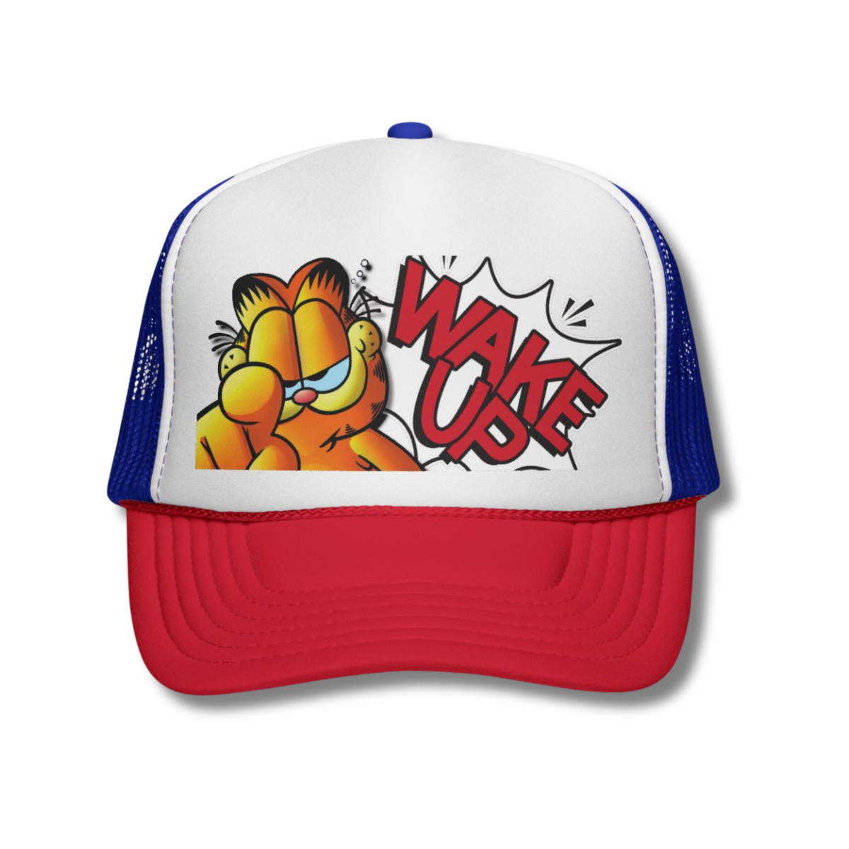 Vintage-Sealed The Hottest Rawest Sneakers & Apparel Clothing Store Around Online. Garfield "Wake Up!" Snapback Trucker Hat | Vintage-Sealed Retro Cartoon Headwear [Multi-Color] 
US Sizes [Adjustable].