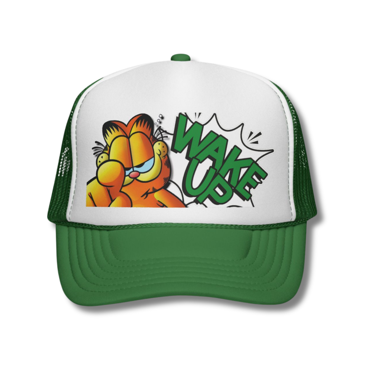 Vintage-Sealed The Hottest Rawest Sneakers & Apparel Clothing Store Around Online. Garfield "Wake Up!" Snapback Trucker Hat | Vintage-Sealed Retro Cartoon Headwear [Green] 
US Sizes [Adjustable].