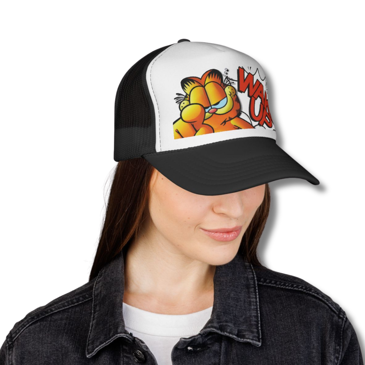Vintage-Sealed The Hottest Rawest Sneakers & Apparel Clothing Store Around Online. Garfield "Wake Up!" Snapback Trucker Hat | Vintage-Sealed Retro Cartoon Headwear [Black] 
US Sizes [Adjustable].