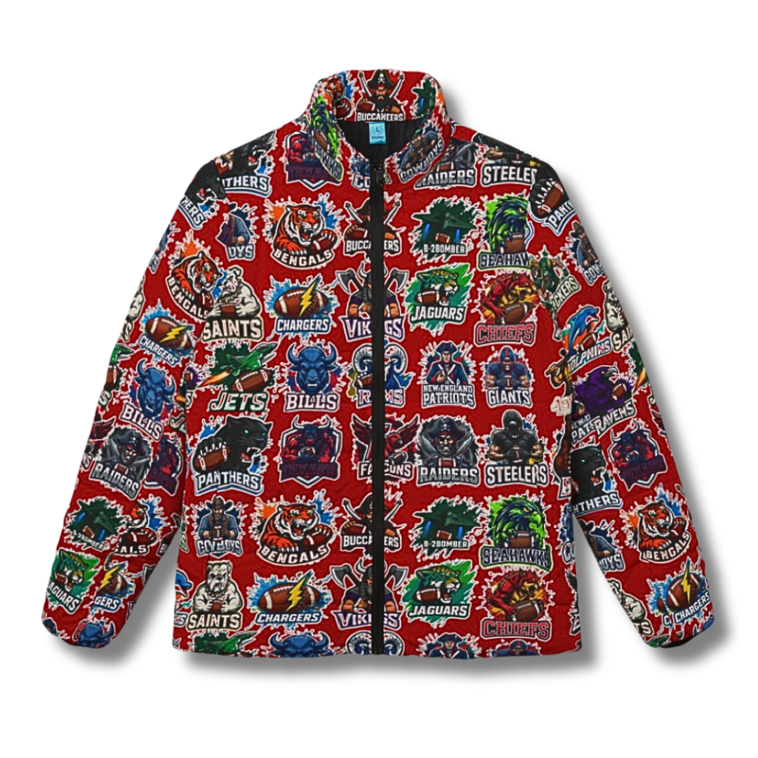 Vintage-Sealed The Hottest Rawest Sneakers & Apparel Clothing Store Around Online. Women’s Football Fan Puffer Jacket – Vintage Mascot Print, Colorful Sports Jacket [RED] US Size [XS-XL].