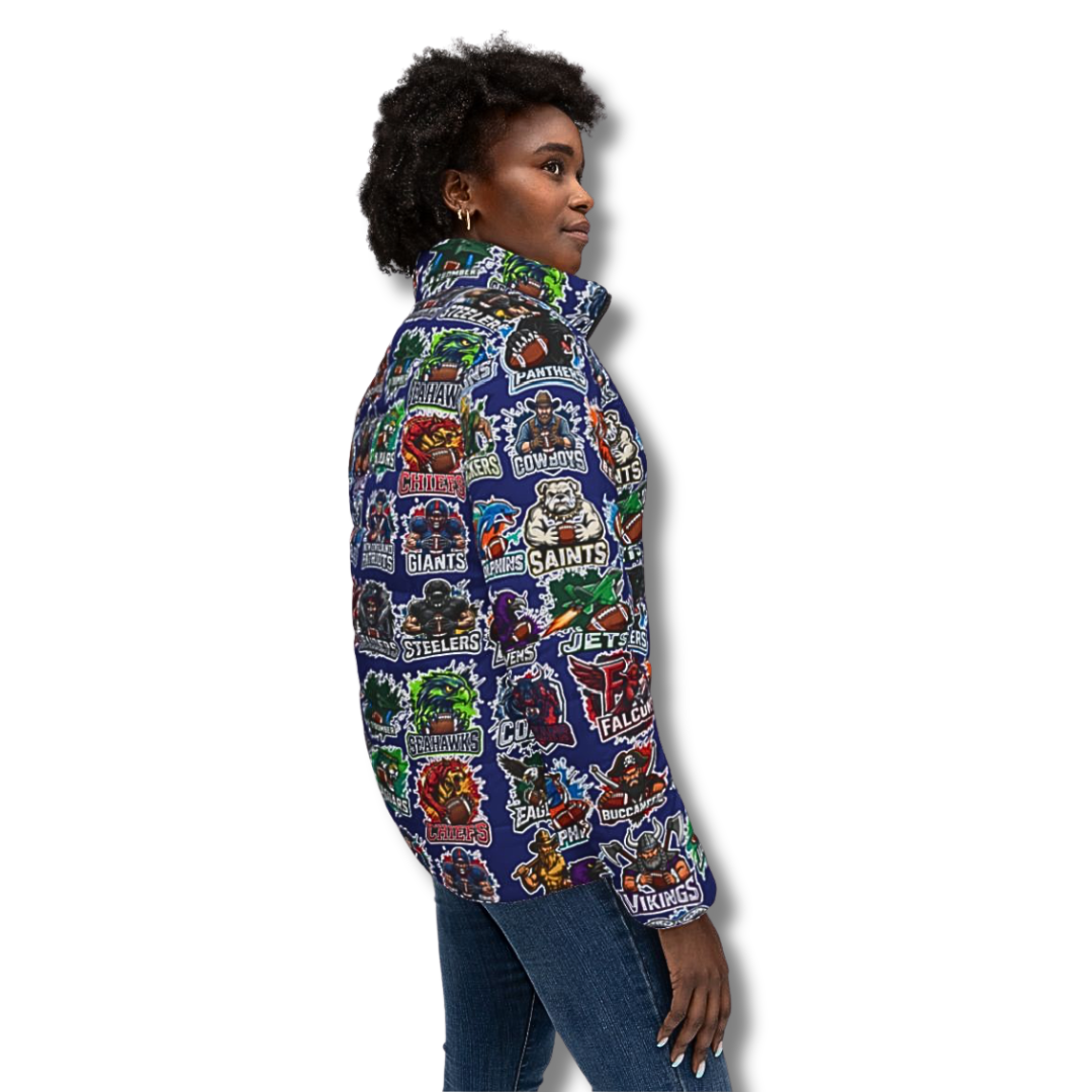 Vintage-Sealed The Hottest Rawest Sneakers & Apparel Clothing Store Around Online. Women’s Football Fan Puffer Jacket – Vintage Mascot Print, Colorful Sports Jacket [BLUE] US Size [XS-XL].