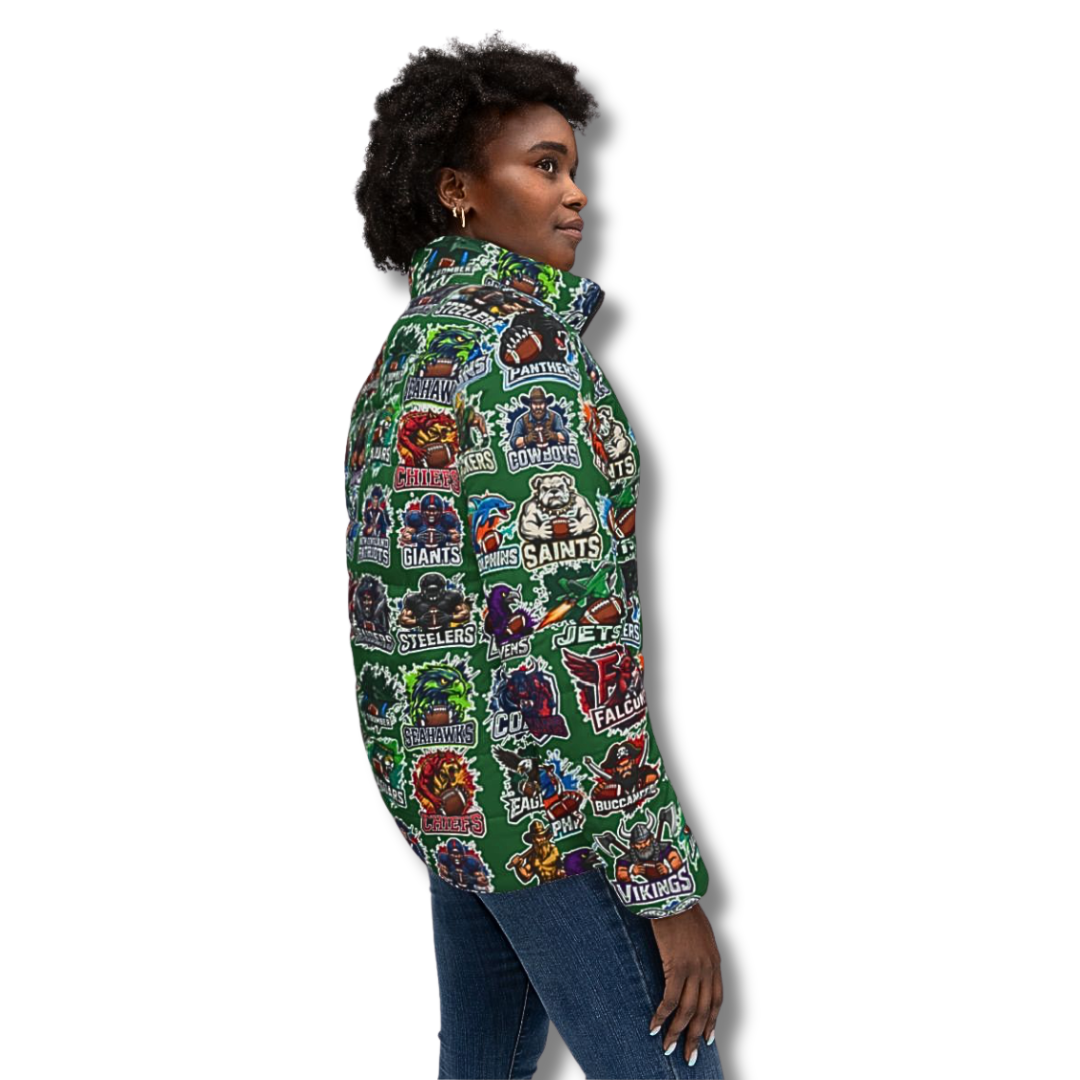 Vintage-Sealed The Hottest Rawest Sneakers & Apparel Clothing Store Around Online. Women’s Football Fan Puffer Jacket – Vintage Mascot Print, Colorful Sports Jacket [GREEN] US Size [XS-XL].
