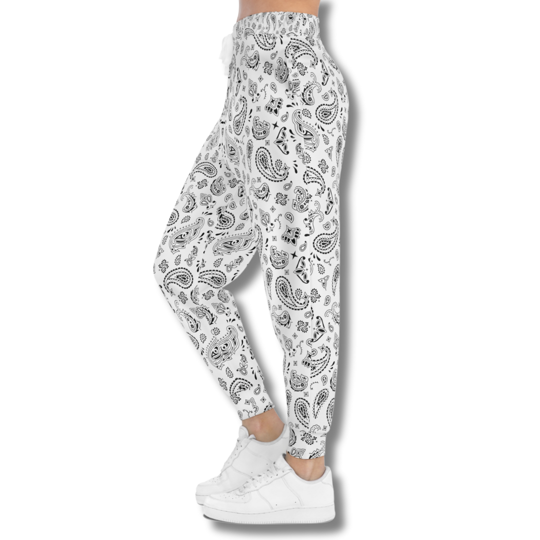 Vintage-Sealed The Hottest Rawest Sneakers & Apparel Clothing Store Around Online. BANDANA Print Women’s Joggers – Stylish Streetwear Pants with Side Pockets [White] US Sizes [S-XL].