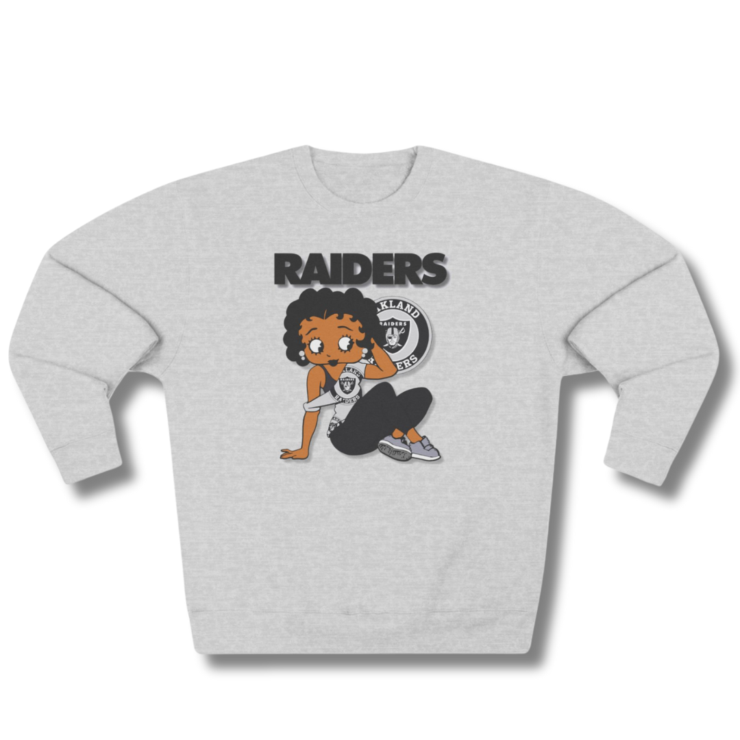 Vintage-Sealed The Hottest Rawest Sneakers & Apparel Clothing Store Around Online.Betty B. RAIDERS (3D) Women’s Sweatshirt – Cozy Comfort Meets Game Day Pride [Gray] US Sizes [S-2XL].