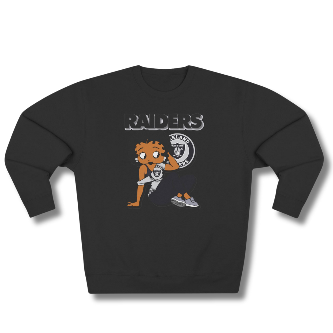 Vintage-Sealed The Hottest Rawest Sneakers & Apparel Clothing Store Around Online. Betty B. RAIDERS (3D) Women’s Sweatshirt – Cozy Comfort Meets Game Day Pride [Black] US Sizes [S-2XL].