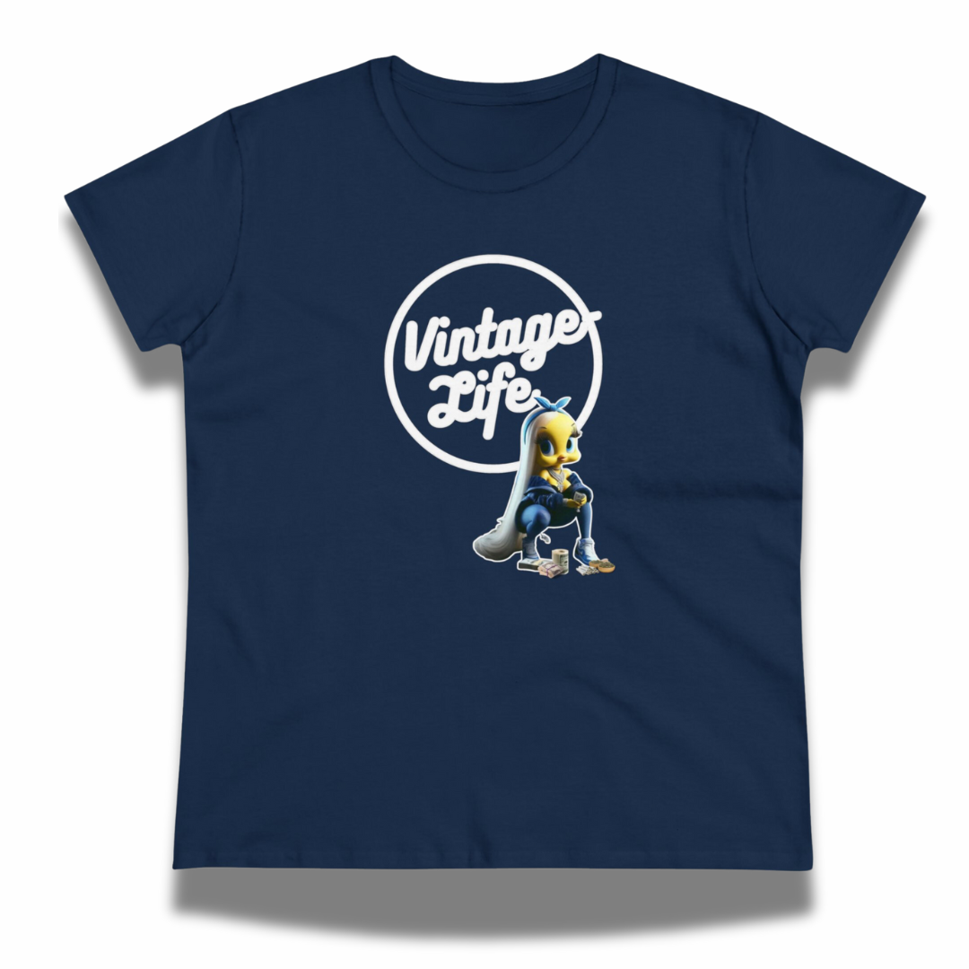 Vintage-Sealed The Hottest Rawest Sneakers & Apparel Clothing Store Around Online. Vintage-Life “Tweety Girl” Women’s Graphic T-Shirt – Vintage-Inspired Cotton Tee [Navy Blue] US Size S-2XL].