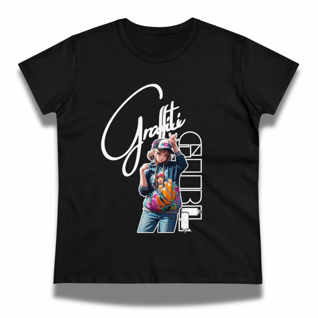 Vintage-Sealed The Hottest Rawest Sneakers & Apparel Clothing Store Around Online.Graffiti Girl™ Women’s T-Shirt | Trendy Short Sleeve Fashion Tee [Black-Miss Colors] US Sizes [S-2XL].