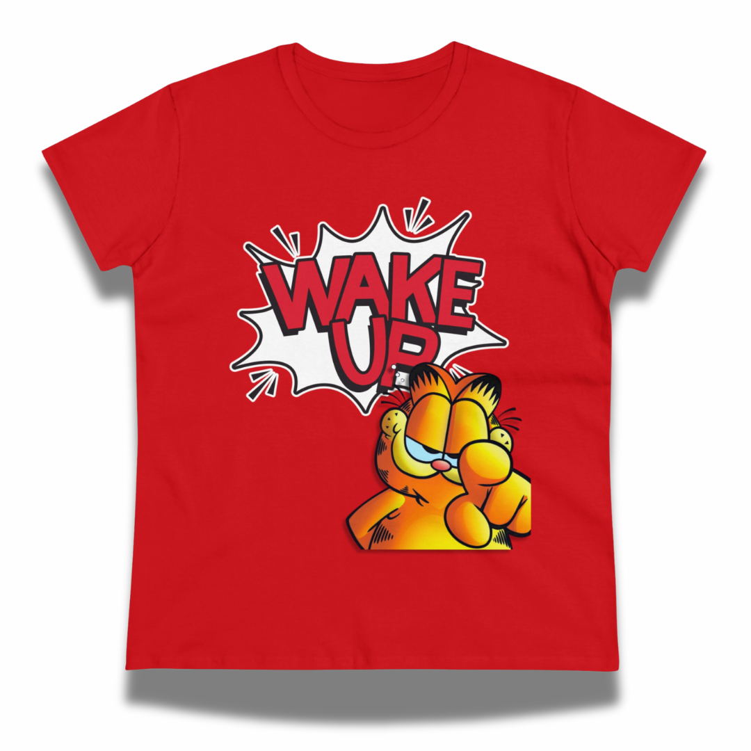 Vintage-Sealed The Hottest Rawest Sneakers & Apparel Clothing Store Around Online. GARFIELD "WAKE UP" Women's T-Shirt | Short Sleeve Graphic Tee | Brand New [Red] US Sizes [S-2XL].