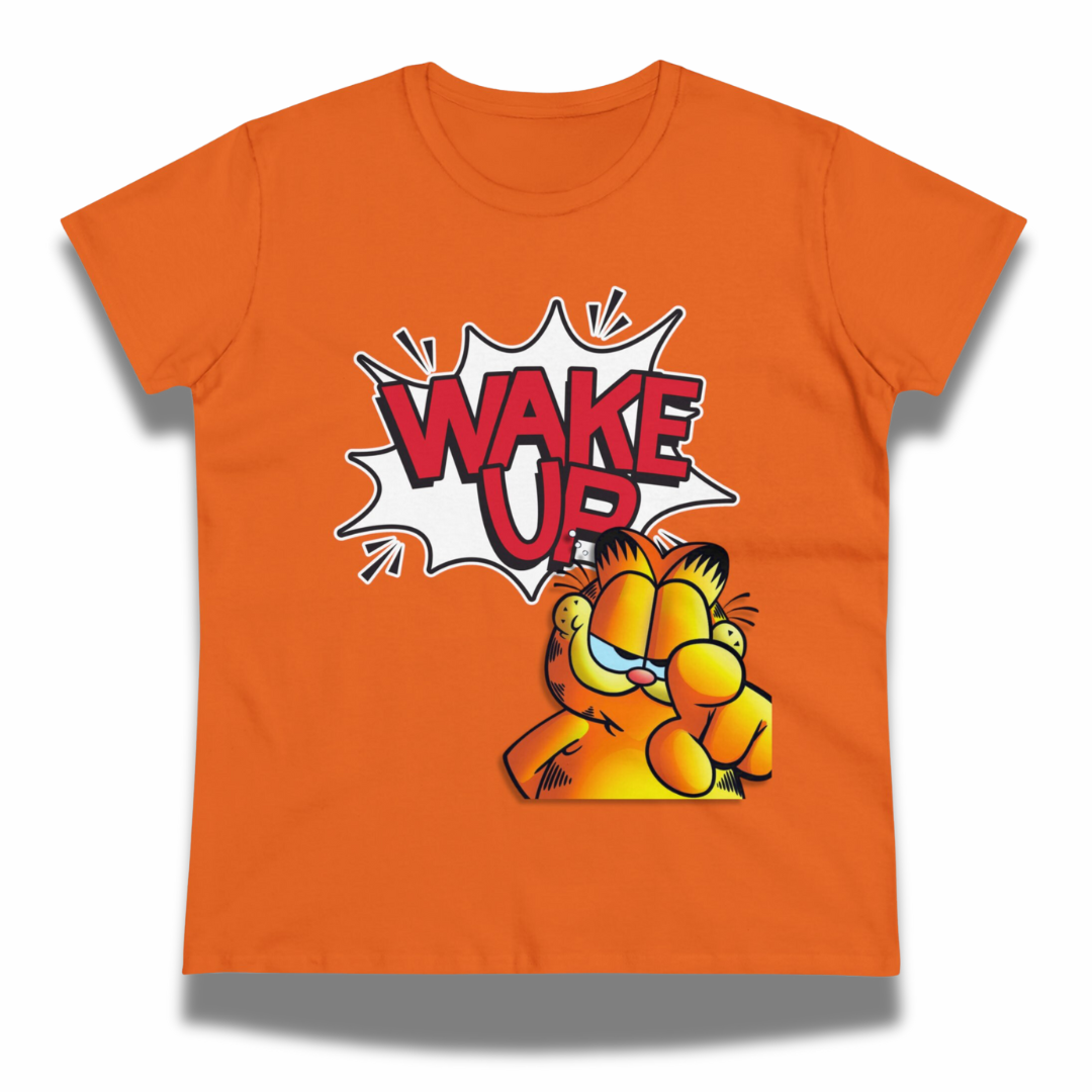 Vintage-Sealed The Hottest Rawest Sneakers & Apparel Clothing Store Around Online. GARFIELD "WAKE UP" Women's T-Shirt | Short Sleeve Graphic Tee | Brand New [Orange] US Sizes [S-2XL].