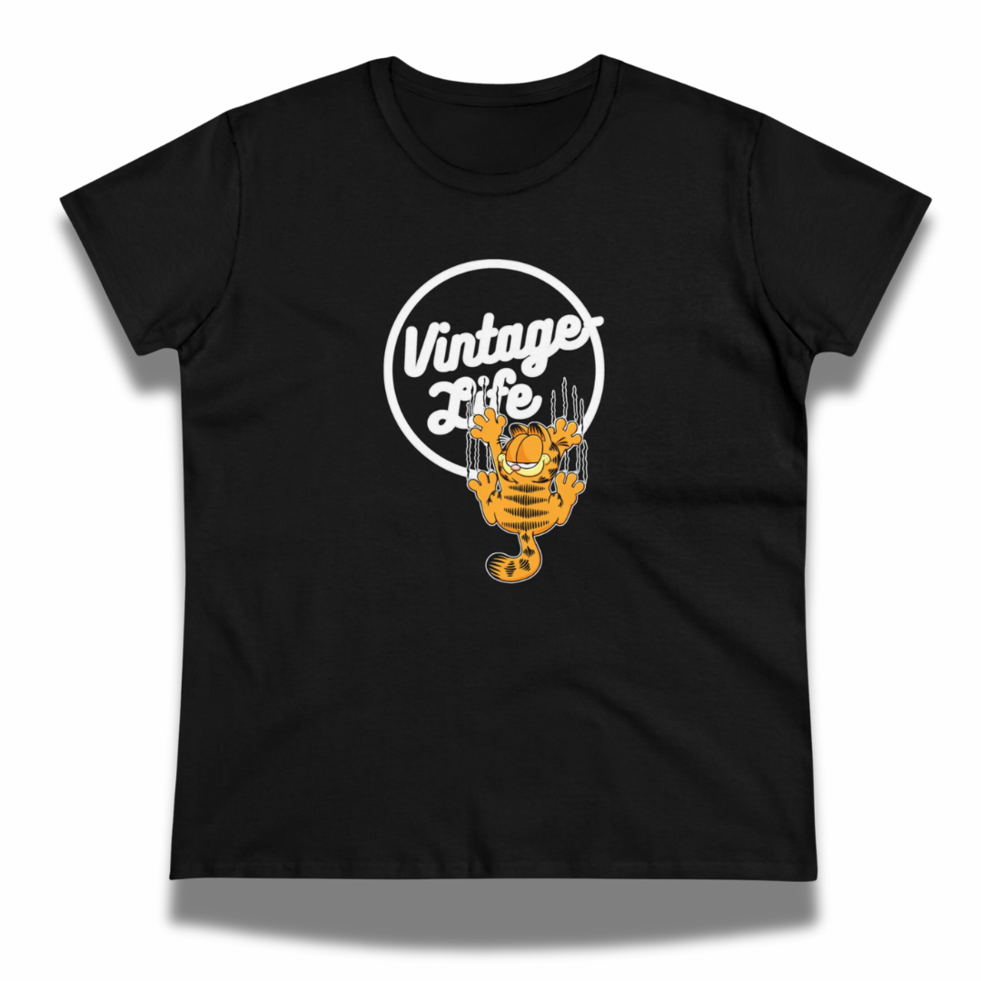 Vintage-Sealed The Hottest Rawest Sneakers & Apparel Clothing Store Around Online. Vintage-Life “Garfield Scratched The Surface” Women’s Graphic T-Shirt – Vintage Cotton Tee [Black] US Sizes [S-2XL].