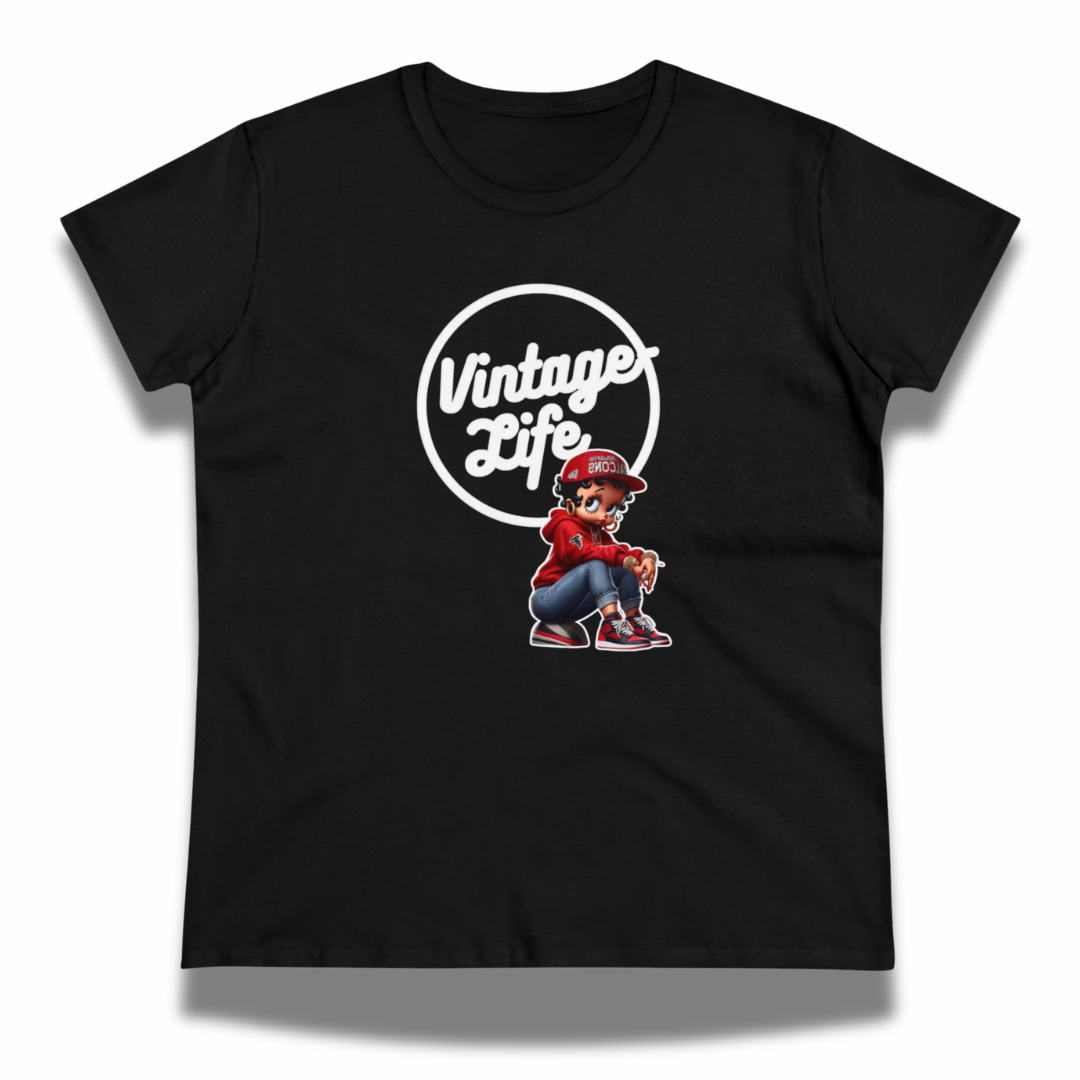 Vintage-Sealed The Hottest Rawest Sneakers & Apparel Clothing Store Around Online.Vintage-Life Betty B. ATL Falcons Women’s T-Shirt – Retro Graphic Short-Sleeve Casual Tee [Black] US Sizes [S-2XL].